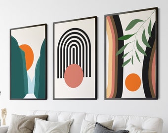 Boho Abstract Wall Art Prints, Boho Wall Decor, Set of 3 Prints, Scandi Art, Mid Century Prints, Black, Beige, Green, Mustard, Boho Wall Art
