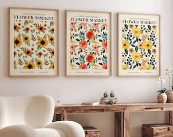 Set Of 3 Flower Market Prints, Boho Flower Art, Bedroom Wall Décor, Living Room Print, Vintage Exhibition Mid Century Modern Art Prints