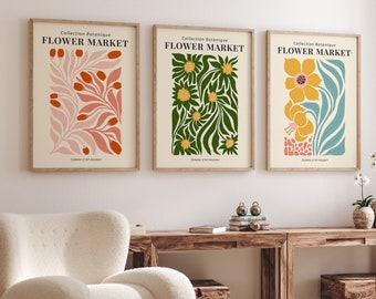 Botanical Flower Market Art Prints, Modern Home Decor Trio