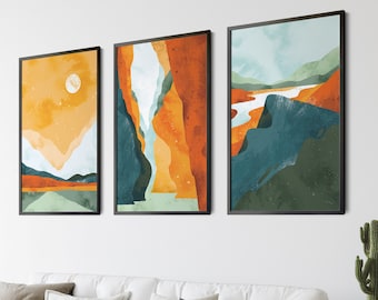Set of 3 Boho Landscape Abstract Wall Art Prints | Scandinavian Wall Art, Bathroom Wall Art, Blue & Rust Wall Decor | Living Room Wall Art
