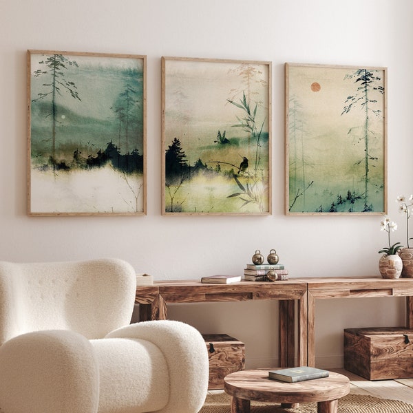 Japanisches Wandkunst-Set 3 Drucke, japanische Kunstdrucke, Japandi-Dekor, Bergwandkunst, minimalistische Wandkunst, Landschaft, grüne Wandkunst