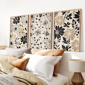 Set of 3 Neutral botanical poster set with bold black line motifs on beige background for modern bedroom decor, minimalist home styling
