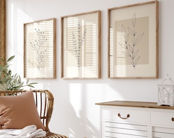 Set of 3 Neutral Botanical Wall Art Prints, Living Room Wall Art Objects, Plants Wall Art, Floral Line Art, Beige Decor, Boho Flower Art