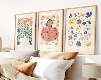 Set med 3 Matisse-blomstermarknadstryck, bohemisk blomsterkonst, väggdekoration för sovrum, väggtavla för vardagsrum, utställningstryck med modern konst från mitten av århundradet