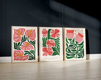 Lot de 3 impressions d'art murales fleurs, décoration murale moderne, décoration murale bohème neutre, impressions murales botaniques, art mural végétal, cadeau déco vert