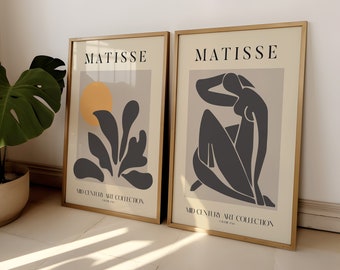 Set Of 2 Matisse Prints, Boho Flower Art, Bedroom Wall Décor, Living Room Wall Print, Modern Beige Exhibition Mid Century Modern Art Prints