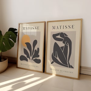 Conjunto de 2 impresiones de Matisse, Arte floral bohemio, Decoración de pared de dormitorio, Impresión de pared de sala de estar, Exposición beige moderna, Impresiones de arte moderno de mediados de siglo