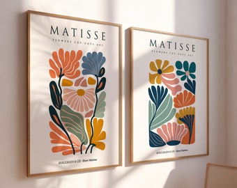 Lot de 2 gravures Matisse du marché aux fleurs, art floral bohème, décoration murale de chambre à coucher, impression murale de salon, exposition de gravures d'art moderne du milieu du siècle