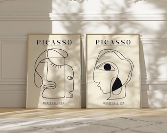 Set Of 2 Picasso Exhibition Wall Art Print, Neutral Beige Abstract Vintage Minimalist Gift Idea, Famous Artist Print,Gallery Wall Home Decor