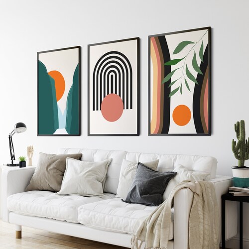 Boho Abstrakte Wand Kunst Drucke, Boho Wand Dekor, 3er Set Drucke, Scandi Art, Mid Century Drucke, Schwarz, Beige, Grün, Senf, Boho Wandkunst