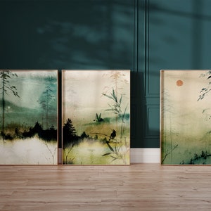 Japanese Wall Art Set of 3 Prints, Japanese Art Prints, Japandi Décor, Mountain Wall Art, Minimalist Wall Art, Landscape, Green Wall Art image 1