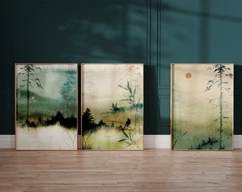 Japanese Wall Art Set of 3 Prints, Japanese Art Prints, Japandi Décor, Mountain Wall Art, Minimalist Wall Art, Landscape, Green Wall Art