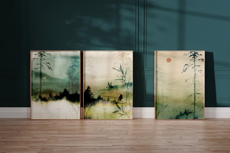 Japanese Wall Art Set of 3 Prints, Japanese Art Prints, Japandi Décor, Mountain Wall Art, Minimalist Wall Art, Landscape, Green Wall Art image 1