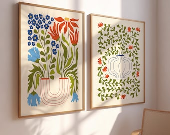 Set Of 2 Flower Market Prints, Vintage Boho Flower Art, Bedroom Wall Décor,Living Room Print,Colourful Scandinavian Design Modern Art Prints