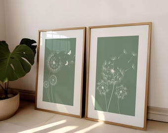 Set of 2 Dandelion Wall Art Prints, Neutral Sage Green Wall Prints, Botanical Wall Prints, Plant Wall Art