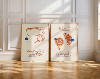 Set Of 2 Kitchen Prints, Breakfast Kitchen Prints, Fun Coffee Decor, Dining Room Art, Kitchen Decor, Coffee Club, Gift for best friend