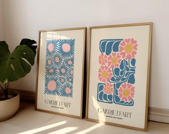 Blue Pink Floral Matisse Style Wall Art Print Set | Modern Minimal Abstract Decor | Neutral Contemporary Botanical Artwork for Home Interior