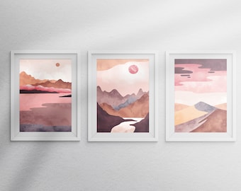 Beautiful Set of 3 Mid Century Gallery Wall Contemporary Watercolor Landscape Scenery Abstract Mountains,Nature, Sky, Sun, Wall Art | A4 A3