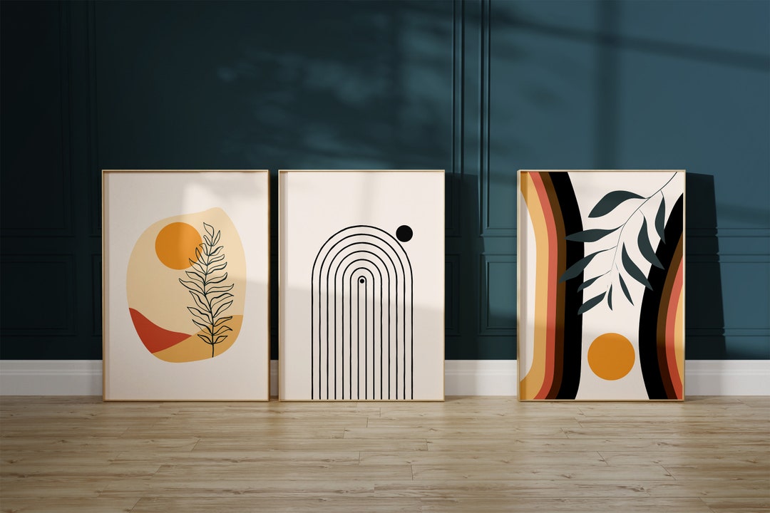 Set of 3 Mid Century Modern Boho Art Prints, Wall Art Decor, Beige ...