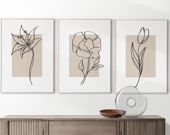Neutral Wall Prints, Botanical Wall Prints, Plant Wall Art, Botanical Line Art, Beige Home Decor, Hand Drawn Plants, Set of 3 Prints