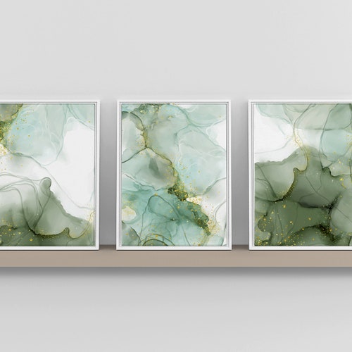 Green and Gold Set of 3 Abstract Art Prints Green White and Etsy UK