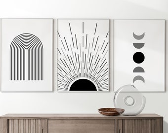 Impressions murales Boho, Art mural Boho neutre, Ensemble de 3 affiches, Impressions Boho Sunshine, Décor mural Boho, Art abstrait Boho, Impressions noires et au fusain