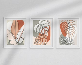 Láminas de arte botánico para pared, juego de 3 pósteres, arte abstracto, láminas de hojas bohemias, arte mural azul y naranja, decoración de pared moderna, láminas de pared bohemias