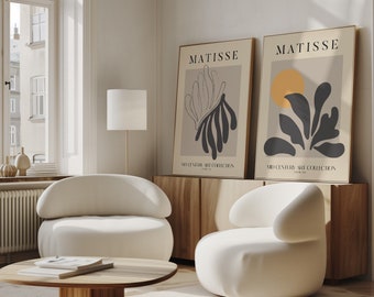 Set Of 2 Matisse Prints, Boho Flower Art, Bedroom Wall Décor, Living Room Wall Print, Modern Beige Exhibition Mid Century Modern Art Prints