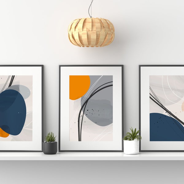 Set of 3 Abstract Navy, Grey & Orange Art Prints Abstract Hand Painted | Watercolour Wall Pictures - Minimalist Modern Line Art | A4 A3