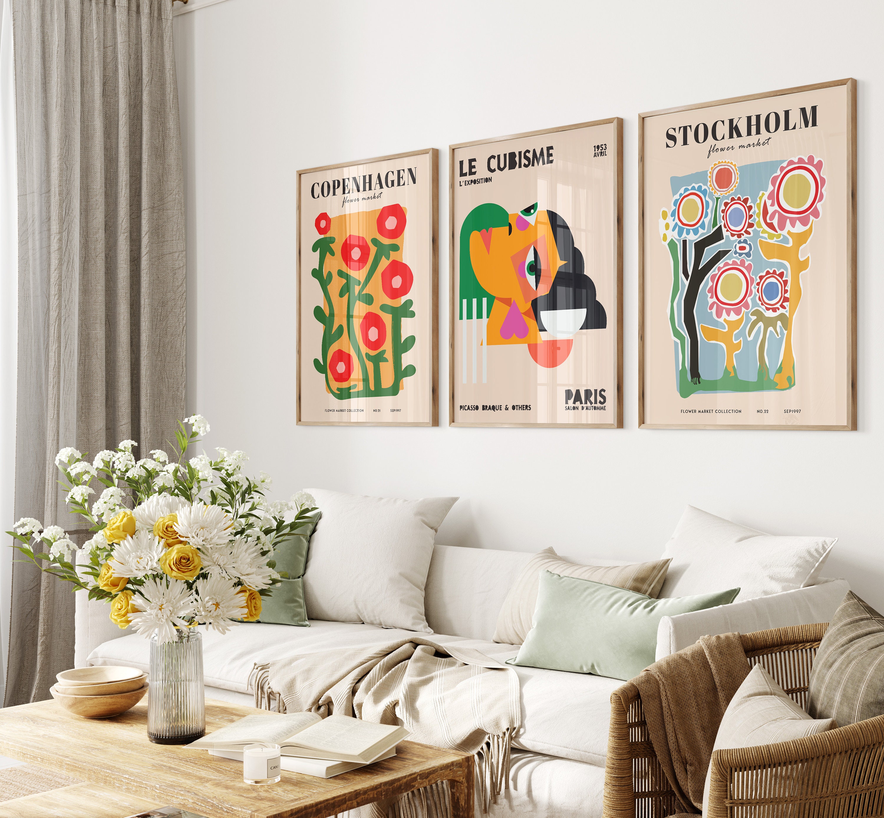 Set of 3 Picasso Cubism Flower Market Prints, Boho Flower Art, Bedroom ...