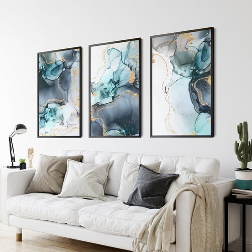 Navy Gold Wall Art Set of 3 Prints Abstract Modern Art Etsy