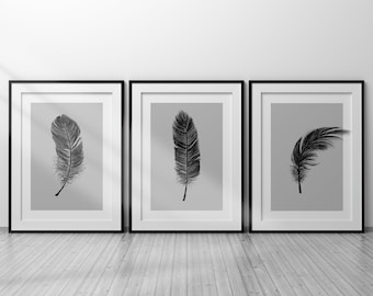 Feather Print Set, Botanical Prints, Set of Prints, Wall Art Set, Feather Wall Art, Wall Art Prints, Feather Prints,Bedroom Grey Wall Prints