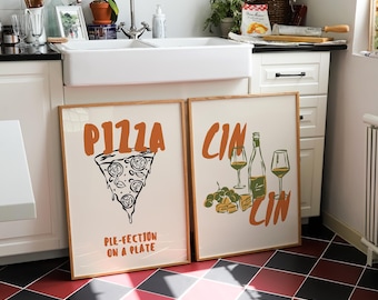 Set Of 2 Kitchen Prints Colourful Kitchen Prints, Fun Kitchen Decor, Dining Room Art, Kitchen Decor, Coffee Club, Wine & Dine, Cin Cin Pizza