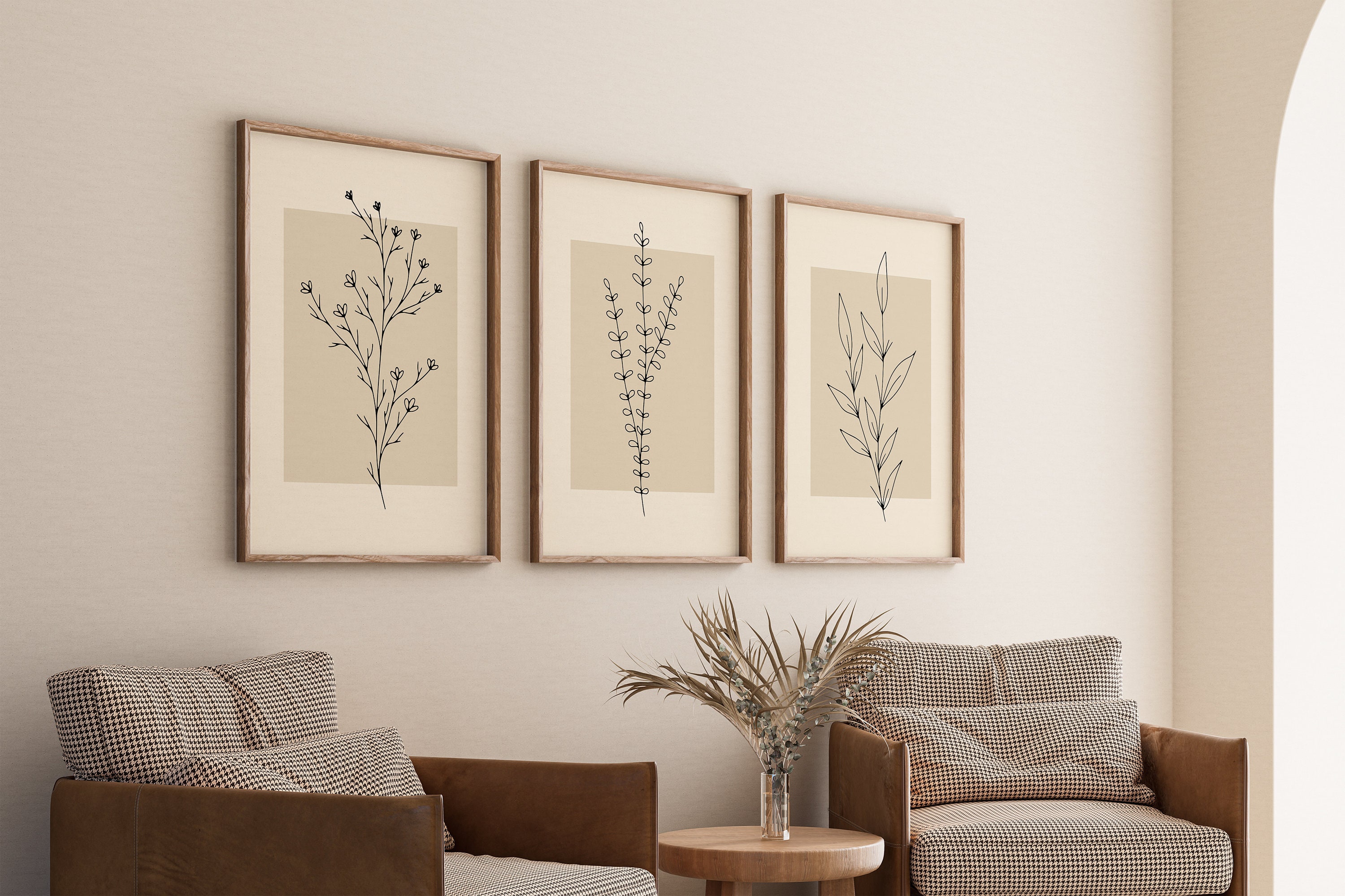 Set of 3 Neutral Botanical Wall Art Prints, Living Room Wall Art ...