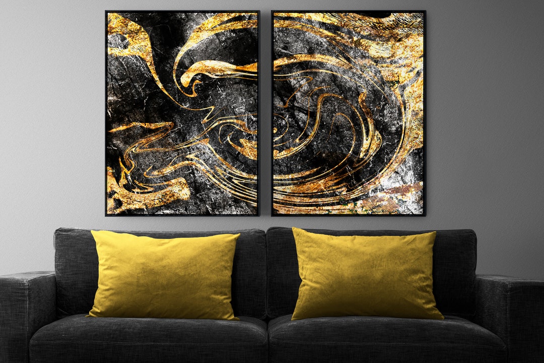 Set of 2 Black Gold Marble Wall Art Prints, Marble Art, Marble Wall