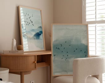 Blue Watercolour Landscape Abstract Wall Art Prints, Giclée Prints, Set of 2 Wall Prints, Blue Wall Art
