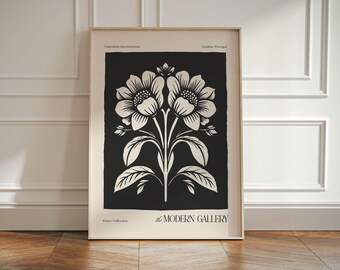 Lisbon Modern Gallery Poster, Black and Grey Floral Wall Art Print, Vintage Exhibition Style Artwork, Minimalist Botanical Home Decor
