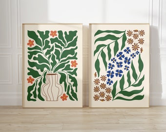 Set of 2 Matisse Floral Wall Art Prints | Green Boho Floral Wall Art Posters