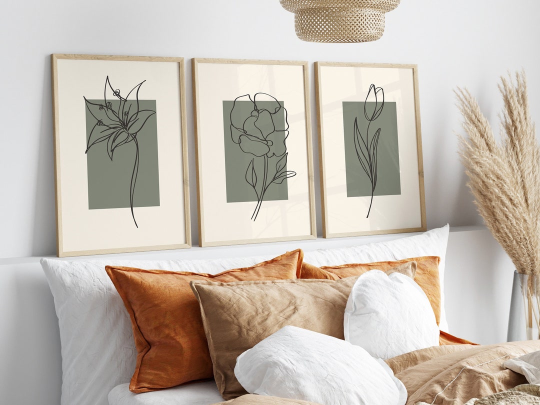 Set of 3 Boho Sage Green Wall Prints, Botanical Art Objects, Beige Wall