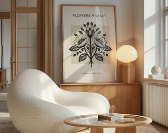 Flowers Market Poster, Black and Beige Floral Wall Art Print, Vintage Exhibition Style Artwork, Lisbon Portugal Botanical Gallery Decor