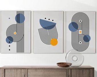 Mid Century Modern Prints, Blue Geometric Wall Art, Abstract Print, Line Art Prints, Minimalist Posters, Nordic Wall Decor, Modern Boho Art