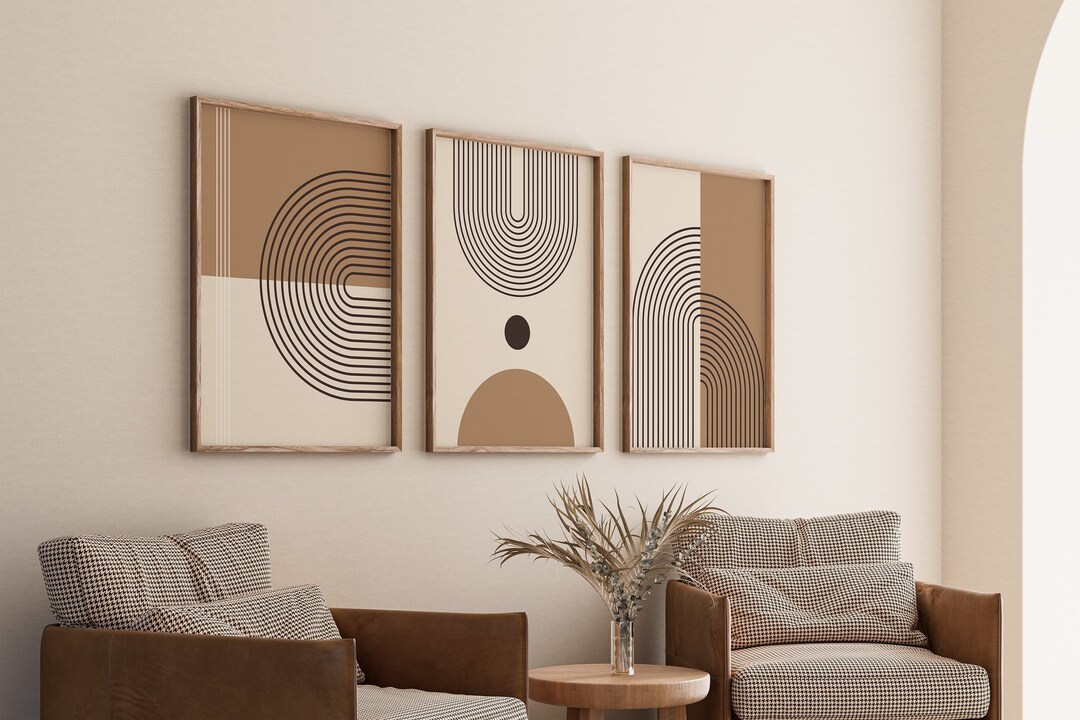 Set of 3 Mid Century Modern Boho Art Prints, Wall Art Decor, Beige