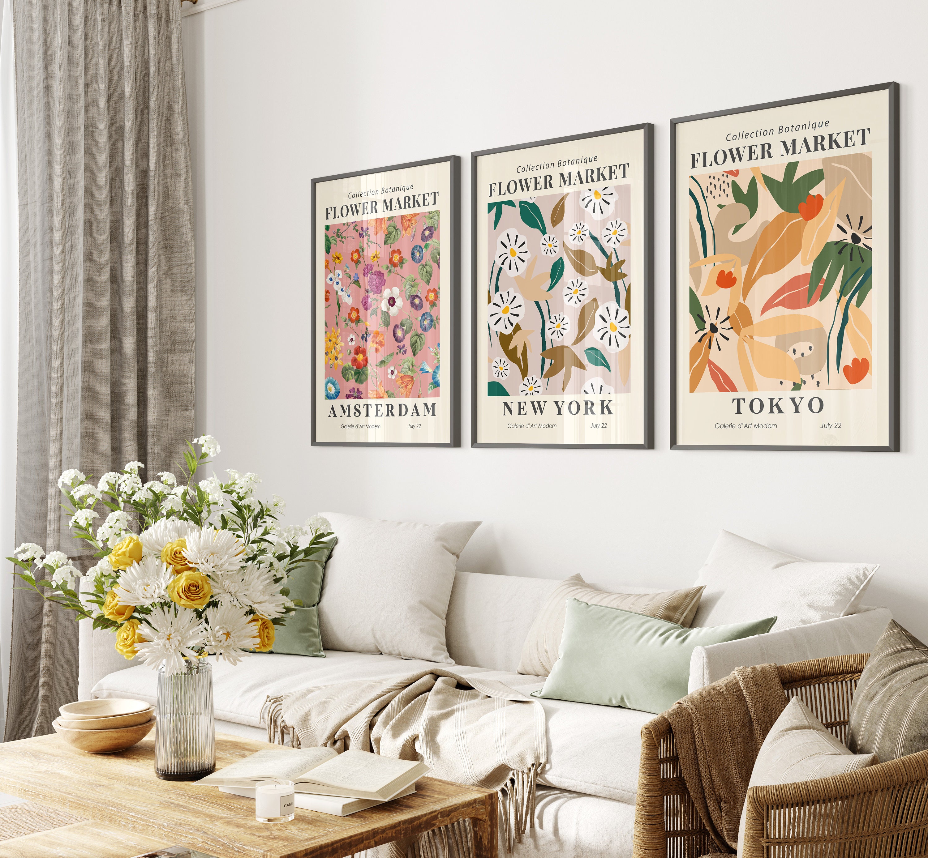 Set of 3 Flower Market Prints Boho Flower Art Bedroom Wall - Etsy