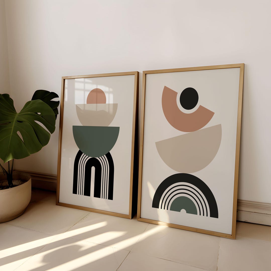 Mid Century Modern Geometric Print Set, Abstract Shapes Wall Art Pair ...