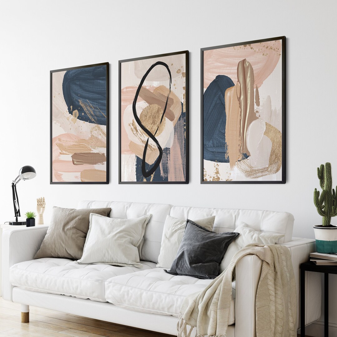 Navy Blue Blush Pink Modern Abstract Gallery Wall Decor Art Set of 3 ...