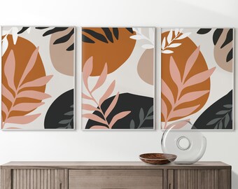 Boho Blatt Abstrakte Wanddrucke, Nordische Wand-Dekor, 3-er Set Poster, Skandinavische Wandkunst, Herbst-Wand-Dekor, Abstrakte Pflanzen, Abstrakte Kunst