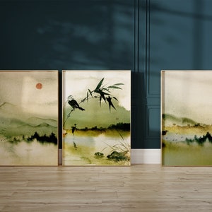 Landscape Set of 3 Prints, Japandi Art, Green Wall Art, Nature Prints, Mountain Wall Art, Japanese Art Prints, Home Decor, Minimalist Art