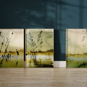 Japanese Wall Art Set of 3 Prints, Japanese Art Prints, Vintage Japandi Décor, Mountain Wall Art, Minimalist Wall Art, Green Wall Art