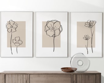 Botanical Wall Prints, Botanical Line Art, Beige Wall Prints, Plants Art Print, Natural Wall Art, Living Room  Decor, Set of 3 Wall Prints