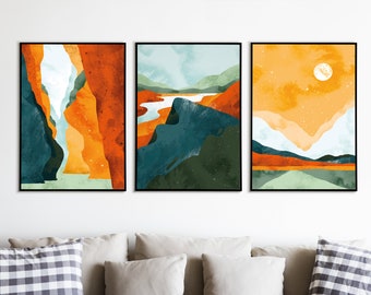 Impressões de arte de parede abstratas com paisagens boho, decoração de parede nórdica, conjunto de 3 pôsteres, arte de parede escandinava, decoração de parede azul e ferrugem, decoração de casa boho